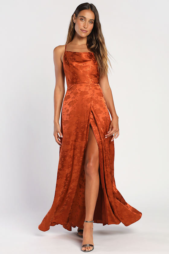 Simply Dreamy Emerald Green Satin Floral Jacquard Maxi Dress