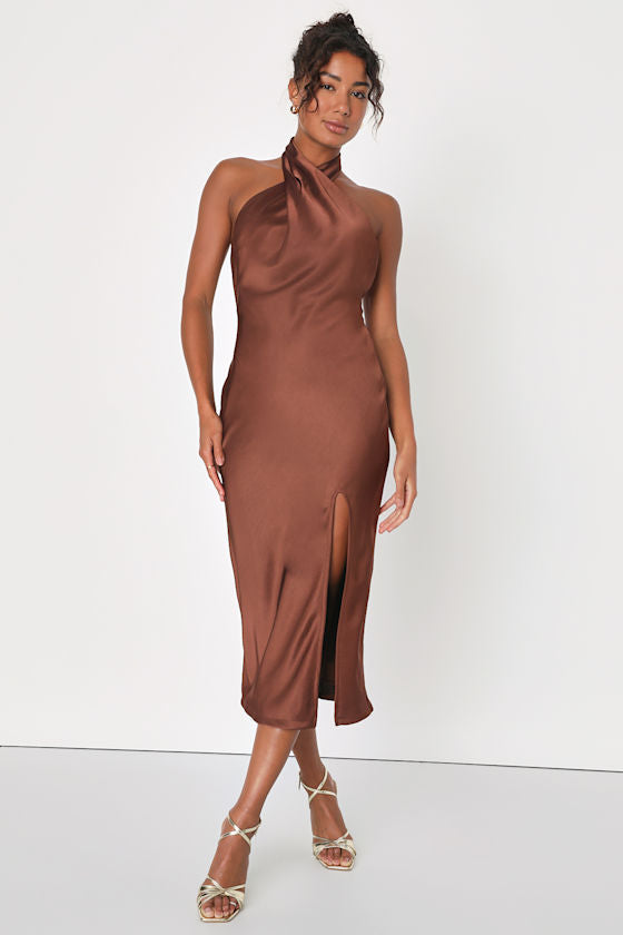 Beyond Classy Blue Multi Abstract Print Satin Halter Midi Dress
