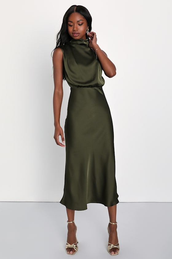 Distinctive Charm Navy Satin Asymmetrical Midi Dress