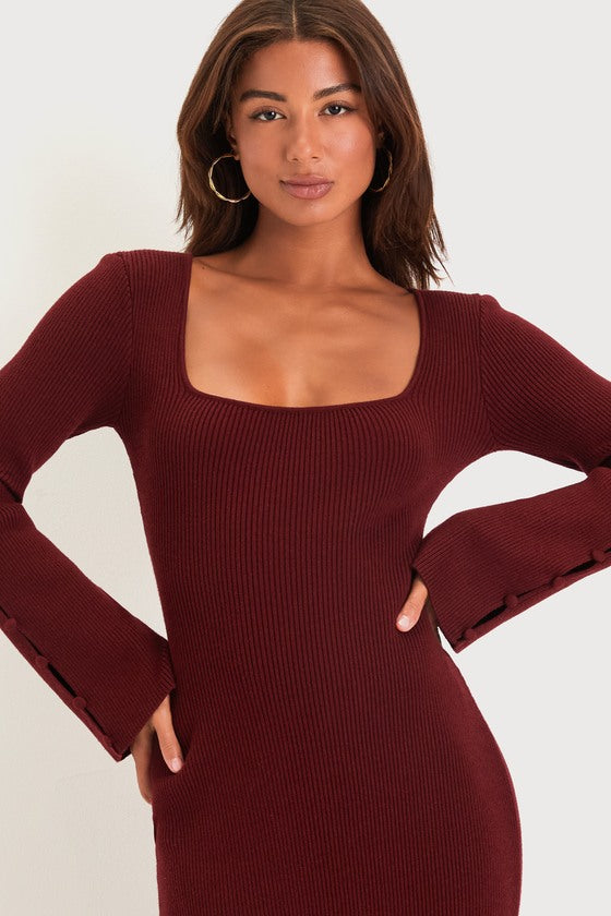 Classy Attitude Beige Ribbed Square Neck Midi Sweater Dress