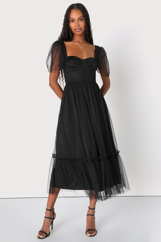 Dreamy Celebration White Tulle Bustier Swiss Dot Midi Dress