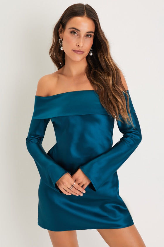 Luxurious Vision Olive Green Satin Off-the-Shoulder Mini Dress