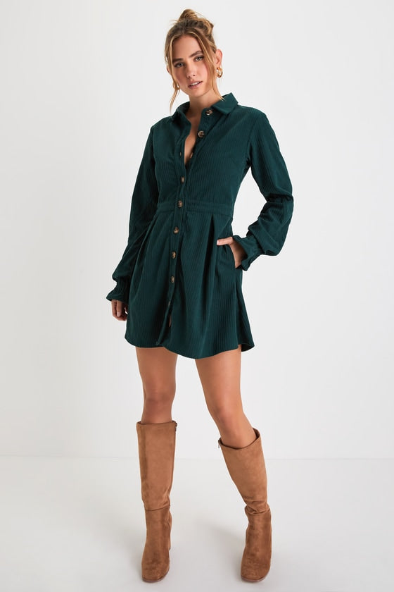 Autumn Mood Dark Brown Corduroy Mini Dress With Pockets