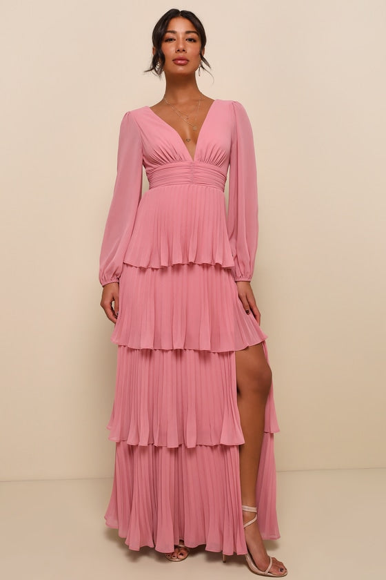 Graceful Finesse Black Pleated Long Sleeve Maxi Dress