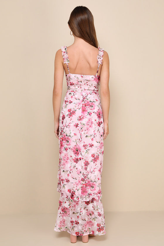 Lovable Spirit Orange Floral Burnout Ruffled High-Low Maxi Dress