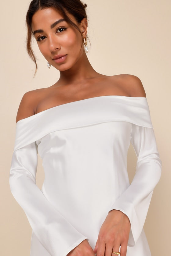 Luxurious Vision Light Yellow Satin Off-the-Shoulder Mini Dress