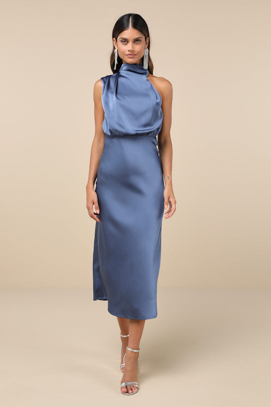 Distinctive Charm Black Satin Asymmetrical Midi Dress