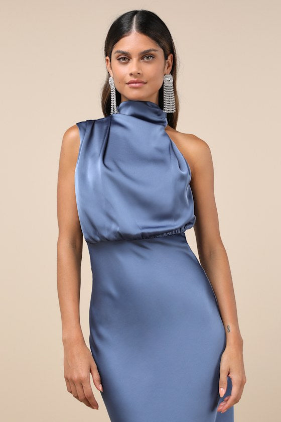 Distinctive Charm Olive Green Satin Asymmetrical Midi Dress