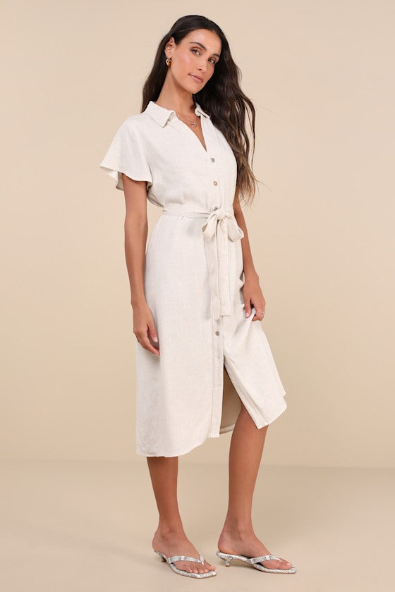Italian Summer Olive Green Linen Button-Up Short Sleeve Dress