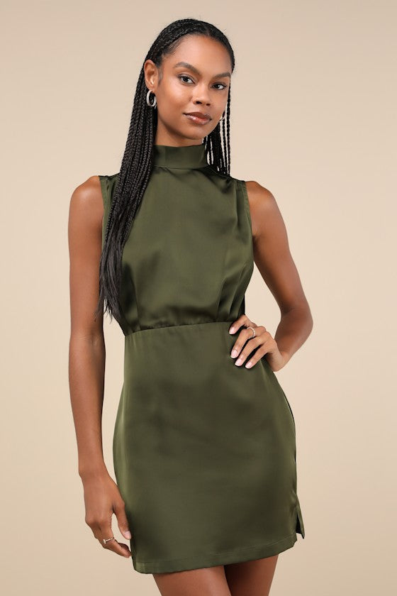 Classic Elegance Black Satin Sleeveless Mock Neck Mini Dress