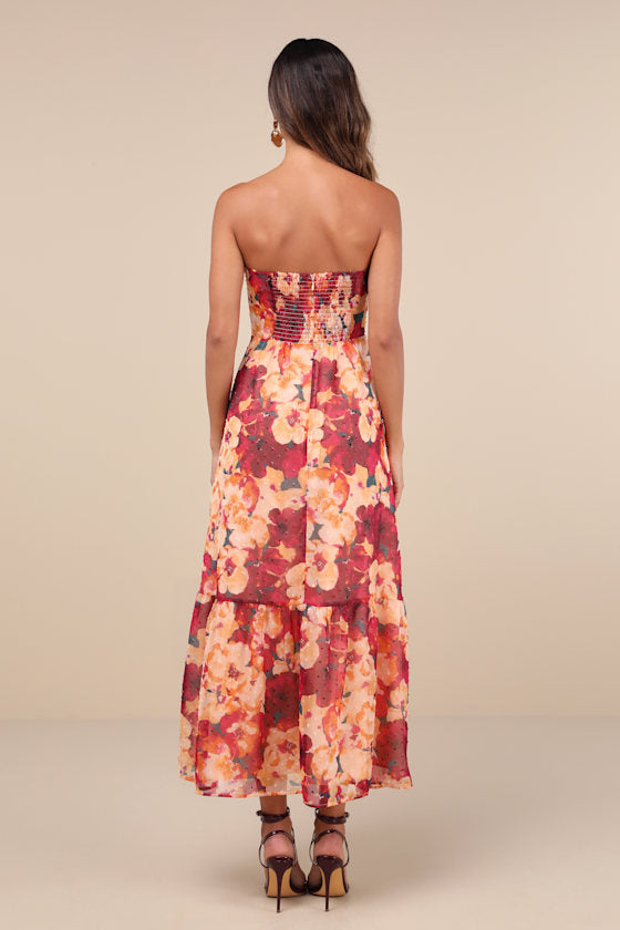 Bright Perspective Teal Floral Strapless Midi Dress