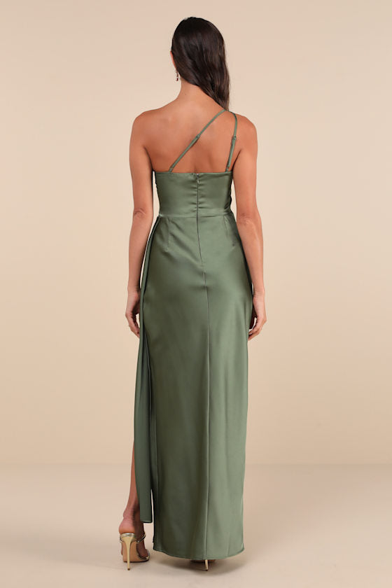Signature Elegance Rose Satin One-Shoulder Maxi Dress
