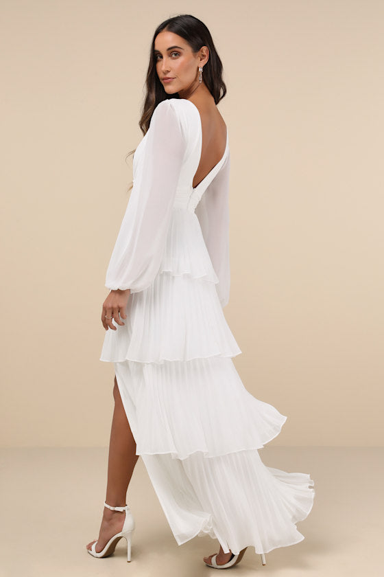 Graceful Finesse Olive Green Pleated Long Sleeve Maxi Dress