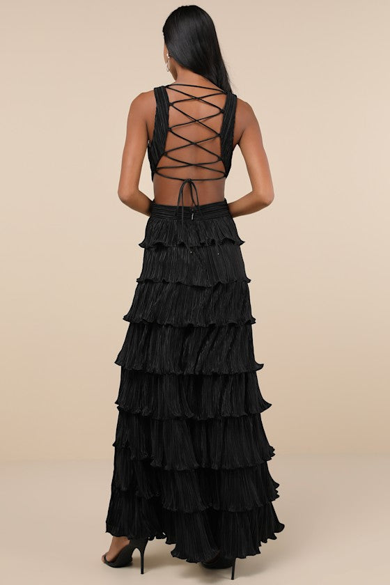 Beauty Icon Pink Satin Pleated Tiered Lace-Up Maxi Dress