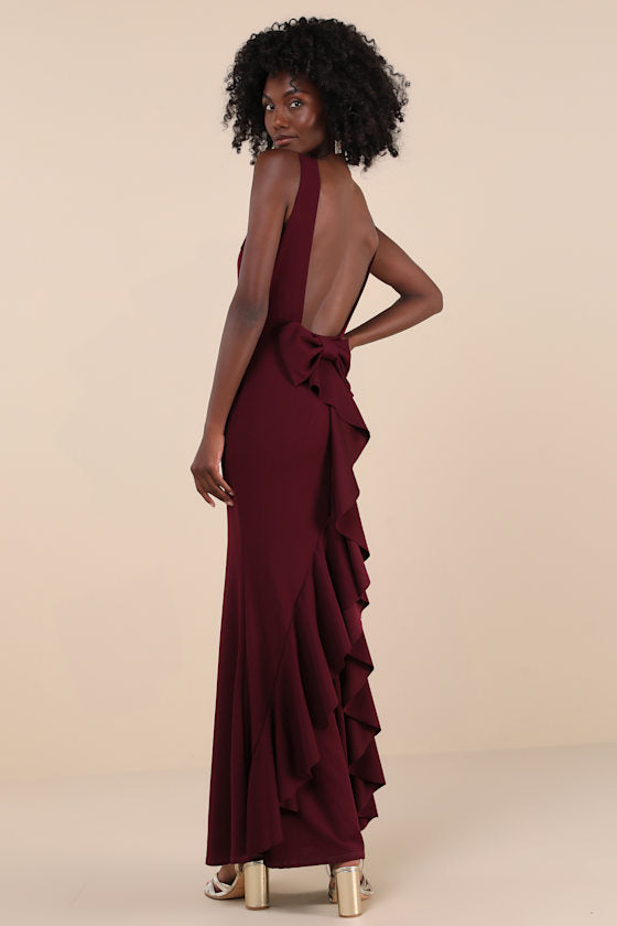 Exquisite Refinement Emerald Backless Bow Ruffled Maxi Dress