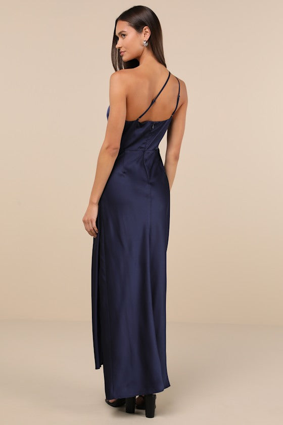 Signature Elegance Olive Green Satin One-Shoulder Maxi Dress
