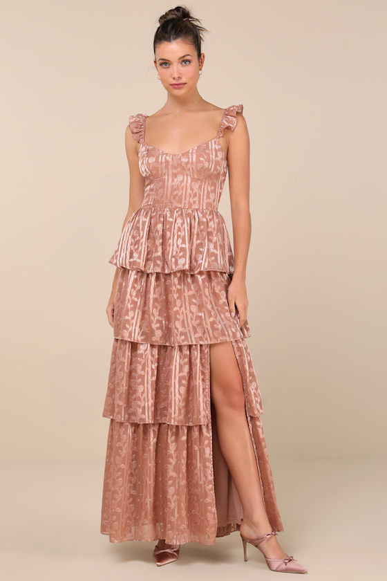 Stunning Glory Light Pink Floral Jacquard Tiered Maxi Dress