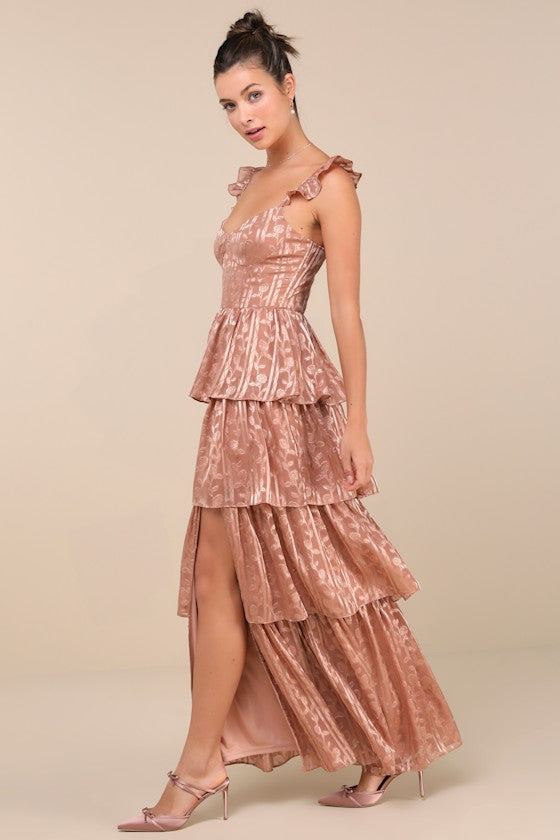 Stunning Glory Light Pink Floral Jacquard Tiered Maxi Dress