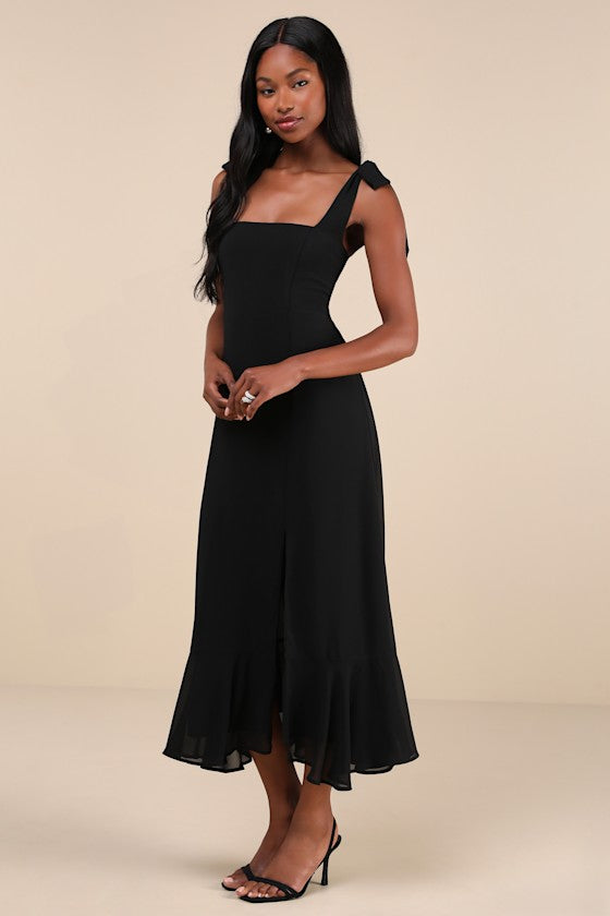 Summer Invite Black Tie-Strap Tiered Midi Dress