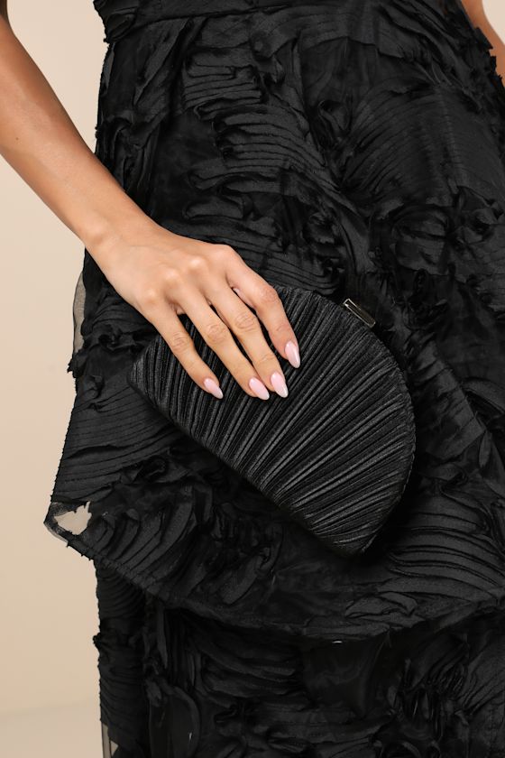 Pleat Perfection Black Satin Pleated Hard Clutch