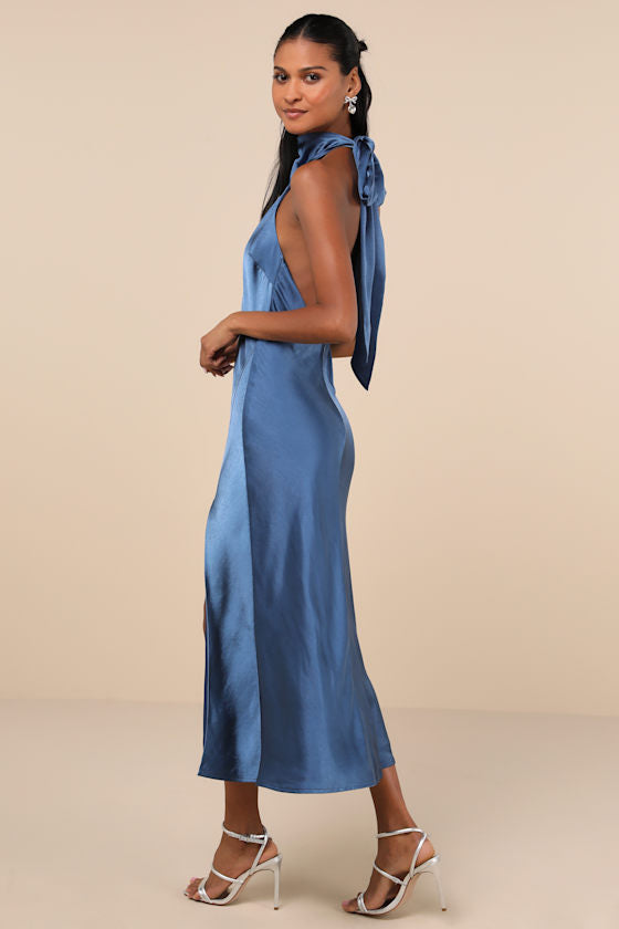 Exceptional Status Yellow Halter Backless Slip Midi Dress
