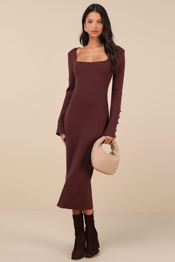 Classy Attitude Emerald Ribbed Square Neck Midi Sweater Dress