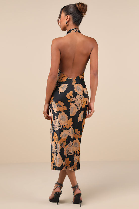 Beyond Classy Blue Multi Abstract Print Satin Halter Midi Dress