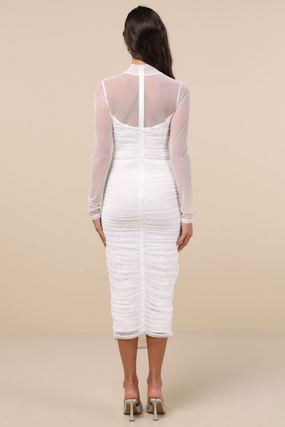 Impressive Flirt Brown Mesh Ruched Mock Neck Midi Dress