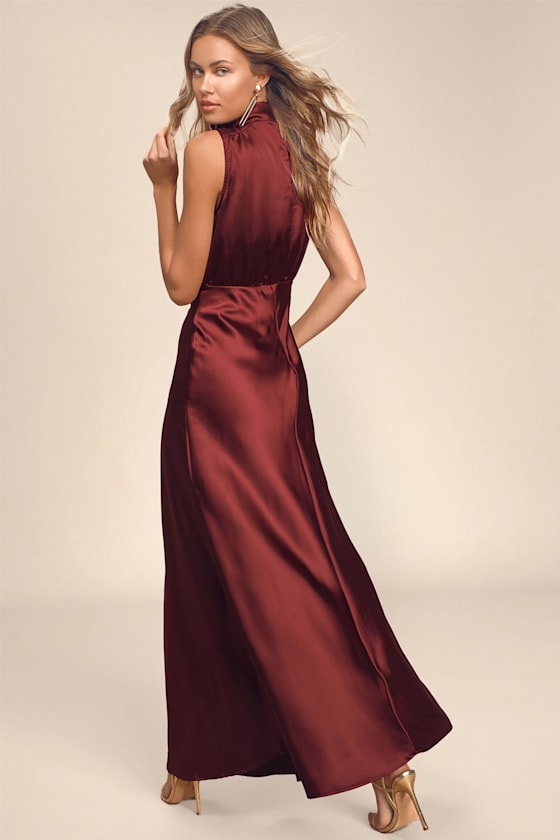 Classic Elegance Navy Satin Sleeveless Mock Neck Maxi Dress