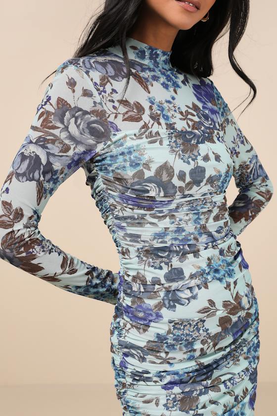Impressive Flirt Dusty Purple Mesh Ruched Mock Neck Midi Dress