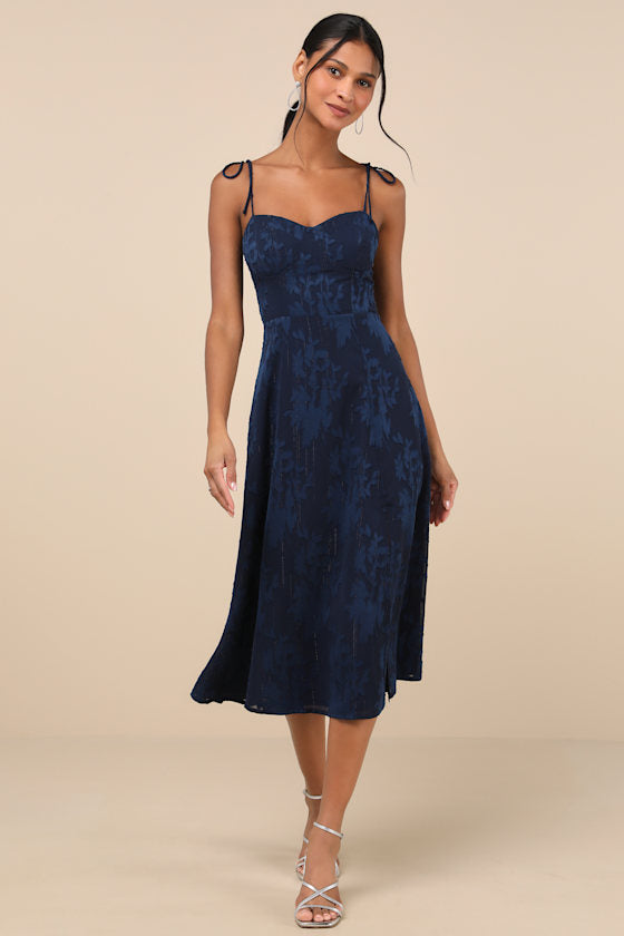 Loveliest Looks Black Floral Jacquard Tie-Strap Midi Dress