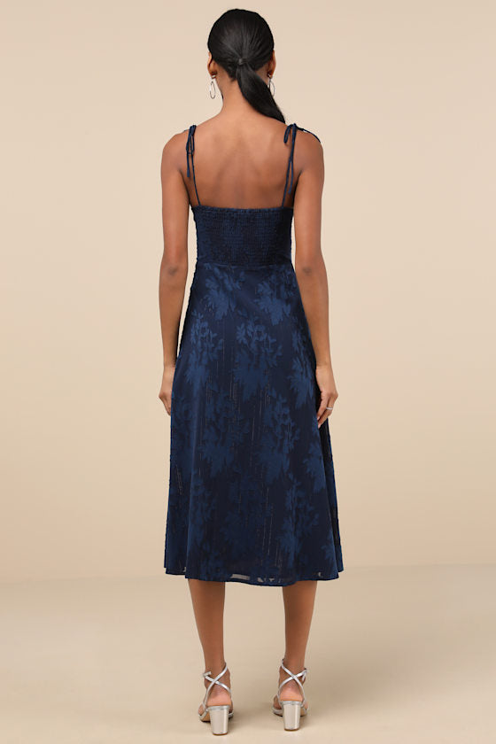 Loveliest Looks Burgundy Floral Jacquard Tie-Strap Midi Dress