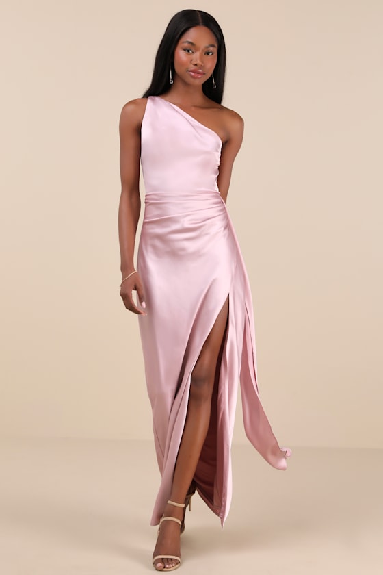 Signature Elegance Rose Satin One-Shoulder Maxi Dress