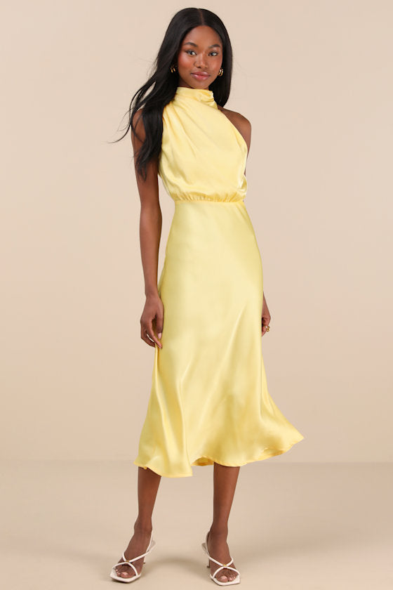 Distinctive Charm Olive Green Satin Asymmetrical Midi Dress