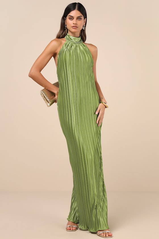 Gwenny Golden Yellow Satin Plisse Maxi Dress