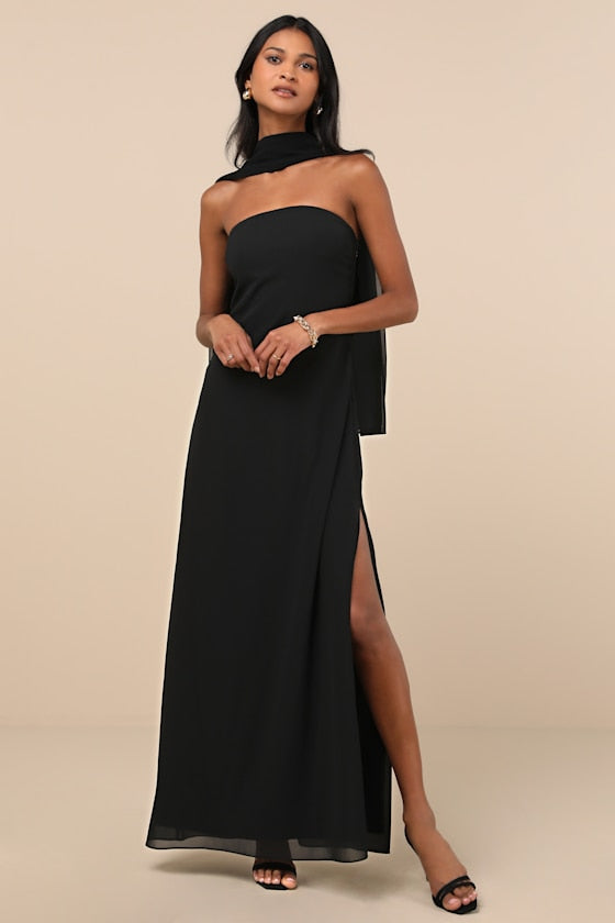 Rawya Black Floral Strapless Maxi Dress and Scarf Set