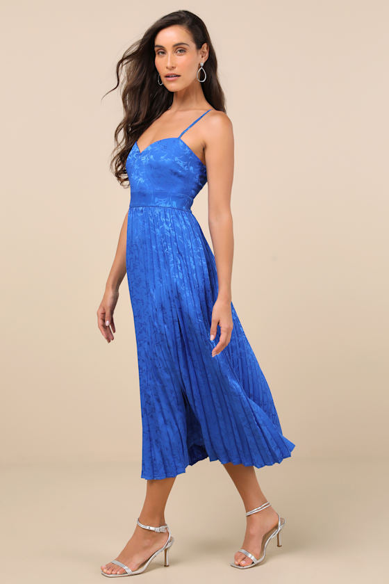Regal Romance Black Floral Jacquard Pleated Satin Midi Dress