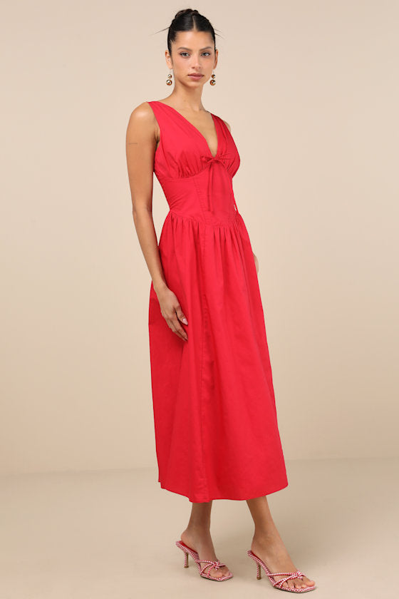 Lettie Ivory Multi Floral Poplin Plunge Neck Midi Dress