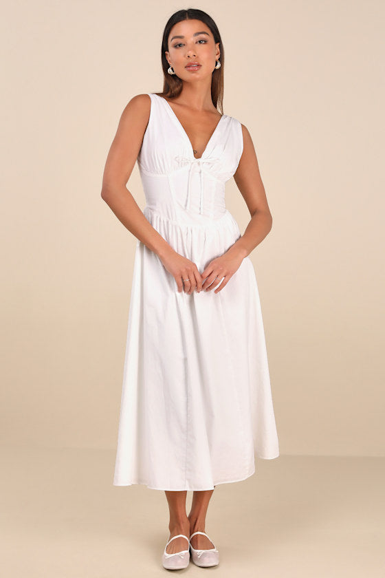 Lettie Ivory Multi Floral Poplin Plunge Neck Midi Dress