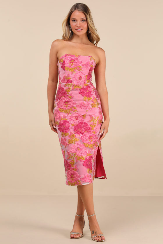 Upgraded Event Blue Jacquard Strapless Bustier Midi Dress