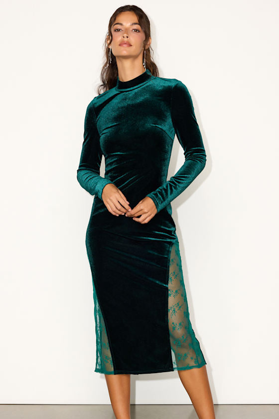 Eloquent Drama Red Velvet Mock Neck Midi Dress