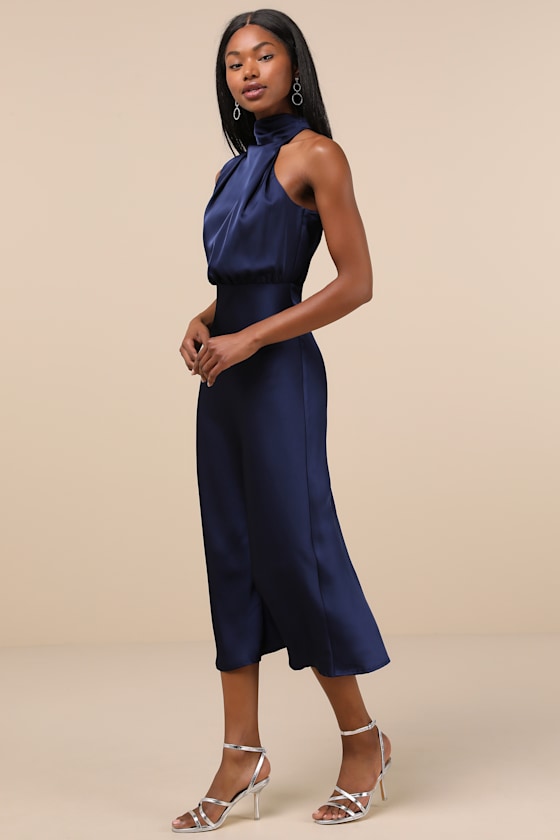 Distinctive Charm Black Satin Asymmetrical Midi Dress