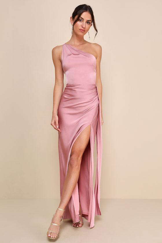 Signature Elegance Slate Blue Satin One-Shoulder Maxi Dress