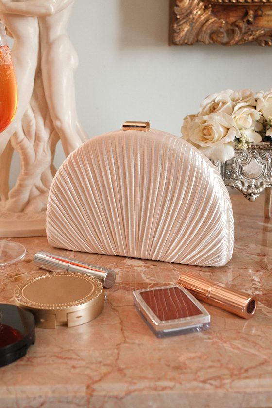 Pleat Perfection Champagne Satin Pleated Hard Clutch