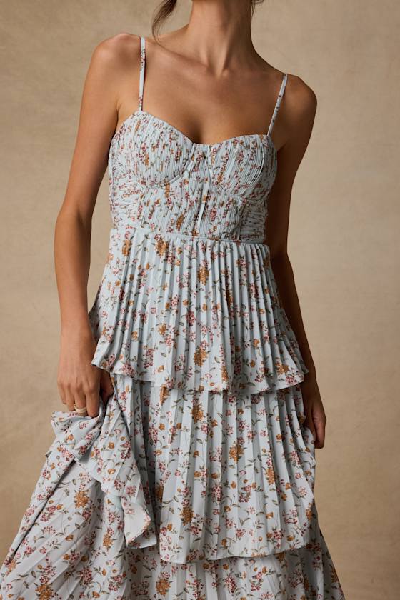 Cascading Crush Ivory Floral Print Tiered Bustier Midi Dress