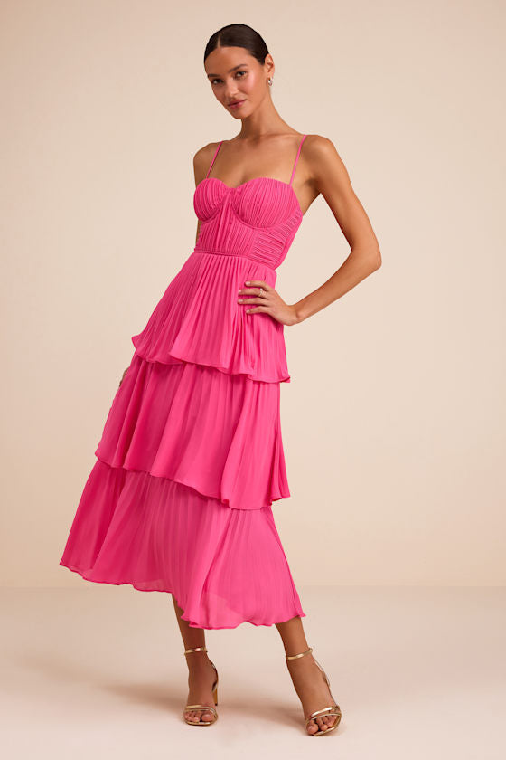Cascading Crush Blush Pink Tiered Bustier Midi Dress