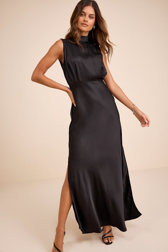 Classic Elegance Olive Satin Sleeveless Mock Neck Maxi Dress