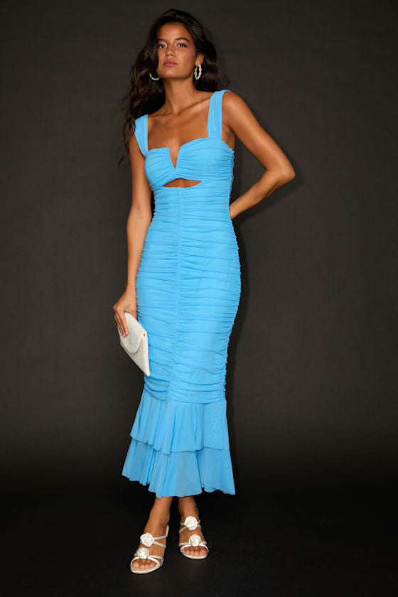 Aelara Orange Mesh Ruched Trumpet Midi Dress