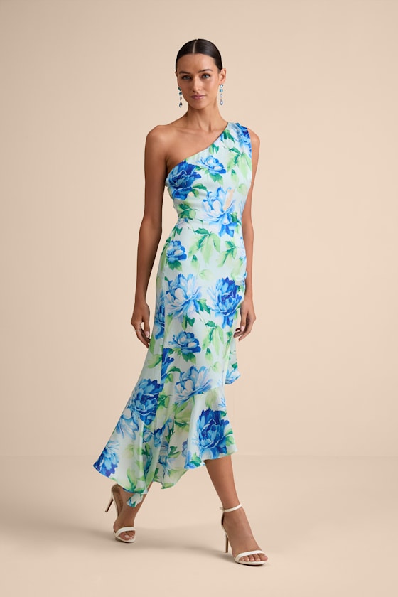 Divinely Blooming Blue Multi Floral One-Shoulder Midi Dress