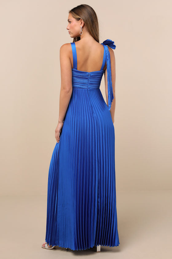 Gorgeous Purpose Red Satin Pleated Sleeveless Bow Maxi Dress